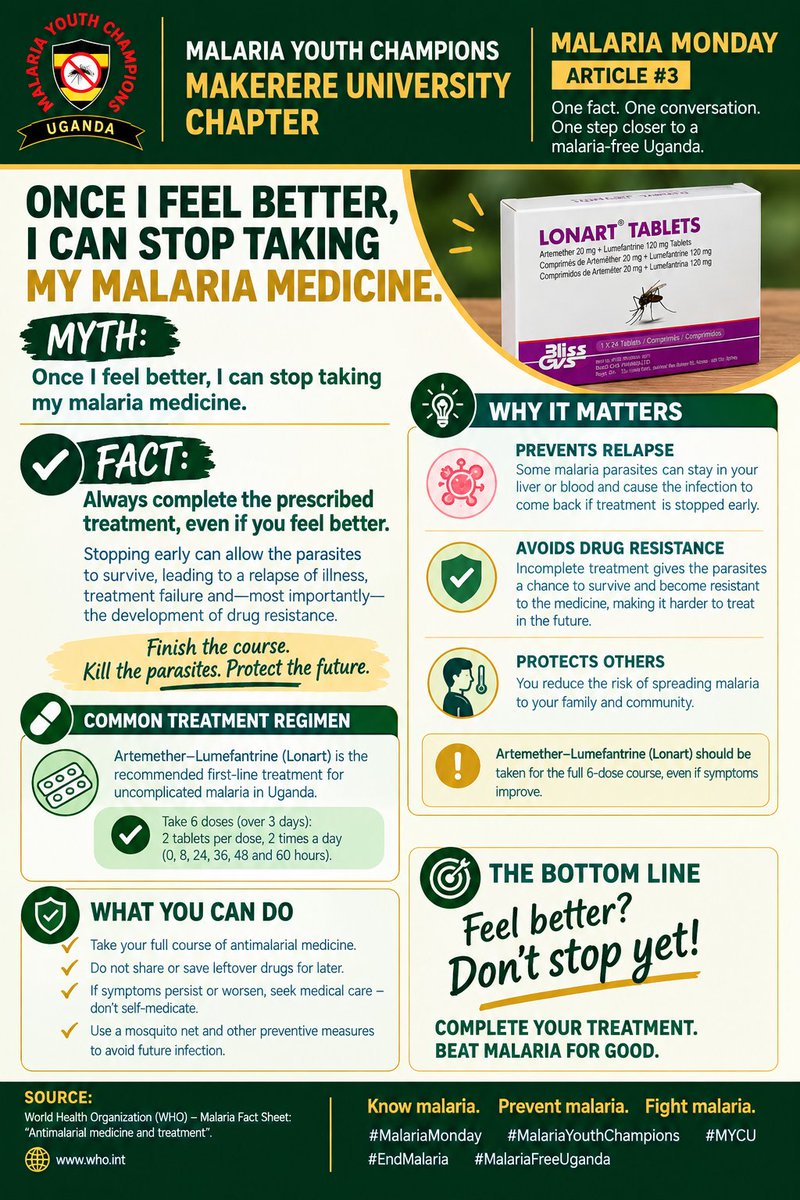 MYCUMAK's tweet photo. 💊 MALARIA MONDAY ARTICLE #3✨

Feeling better doesn’t always mean the parasites are gone.🤭

Over the next few Malaria Monday articles, we’ll unpackAMR in malaria and what we can do to help keep antimalarials effective. 💚💛

📖 Stay tuned. Be part of the fight.

 #MYCU #AMR https://t.co/sKrbi35ja4