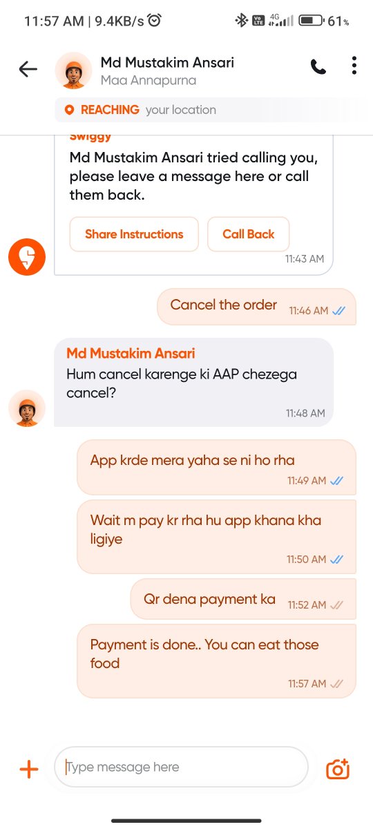 Lostboy_210's tweet photo. @SwiggyCares @Swiggy Order id - 248332648169915.

I did payment and asked the delivery partner to have the food. Because of no solution 😞 https://t.co/XP6yhPuAVi