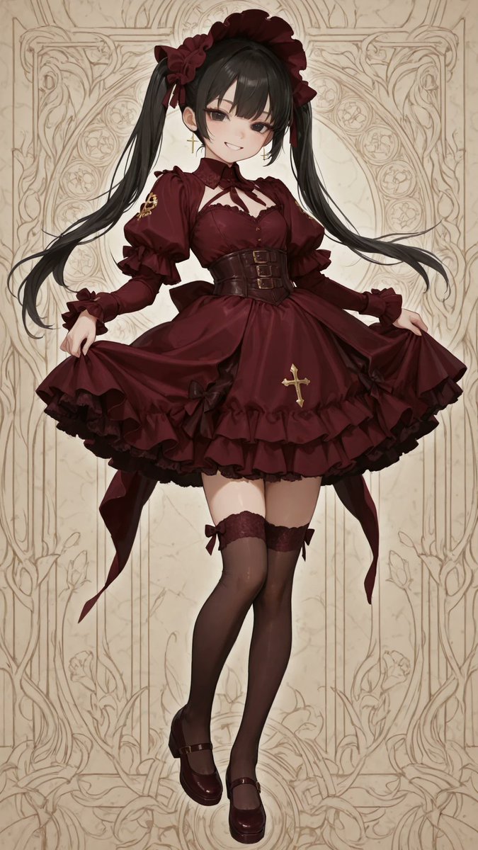 AliceLavli's tweet photo. 秋の深いボルドー色のゴシックロリータの衣装プロンプトをどうぞ✨
outfit only, strict garment structure, strict monochromatic color placement, entire outfit in one unified deep burgundy color, autumn gothic Lolita outfit, opaque deep-burgundy velvet knee-length dress, fitted bodice with a high deep-burgundy floral-lace stand collar, deep-burgundy lace yoke covering the upper chest, one small antique-gold oval cameo centered at the throat, long deep-burgundy bishop sleeves with full gathered volume, fitted deep-burgundy velvet wrist cuffs edged with deep-burgundy lace, square neckline bordered with scalloped deep-burgundy lace, three small deep-burgundy velvet bows arranged vertically down the center bodice, sharply defined natural waist, wide deep-burgundy velvet waistband with one antique-gold oval buckle centered at the front, extremely full bell-shaped deep-burgundy skirt ending at the knees, two horizontal deep-burgundy floral-lace bands positioned near the lower skirt, one wide gathered deep-burgundy ruffle above the hem, deep-burgundy scalloped lace extending evenly beneath the complete hem, structured opaque deep-burgundy petticoat creating a rounded bell silhouette, matching deep-burgundy rectangular headdress edged with deep-burgundy lace and tied with deep-burgundy ribbons, opaque deep-burgundy over-knee socks, deep-burgundy velvet ribbon bows at the outer tops, deep-burgundy rounded-toe platform Mary Jane shoes with antique-gold buckles, fair porcelain skin with a cool pale undertone