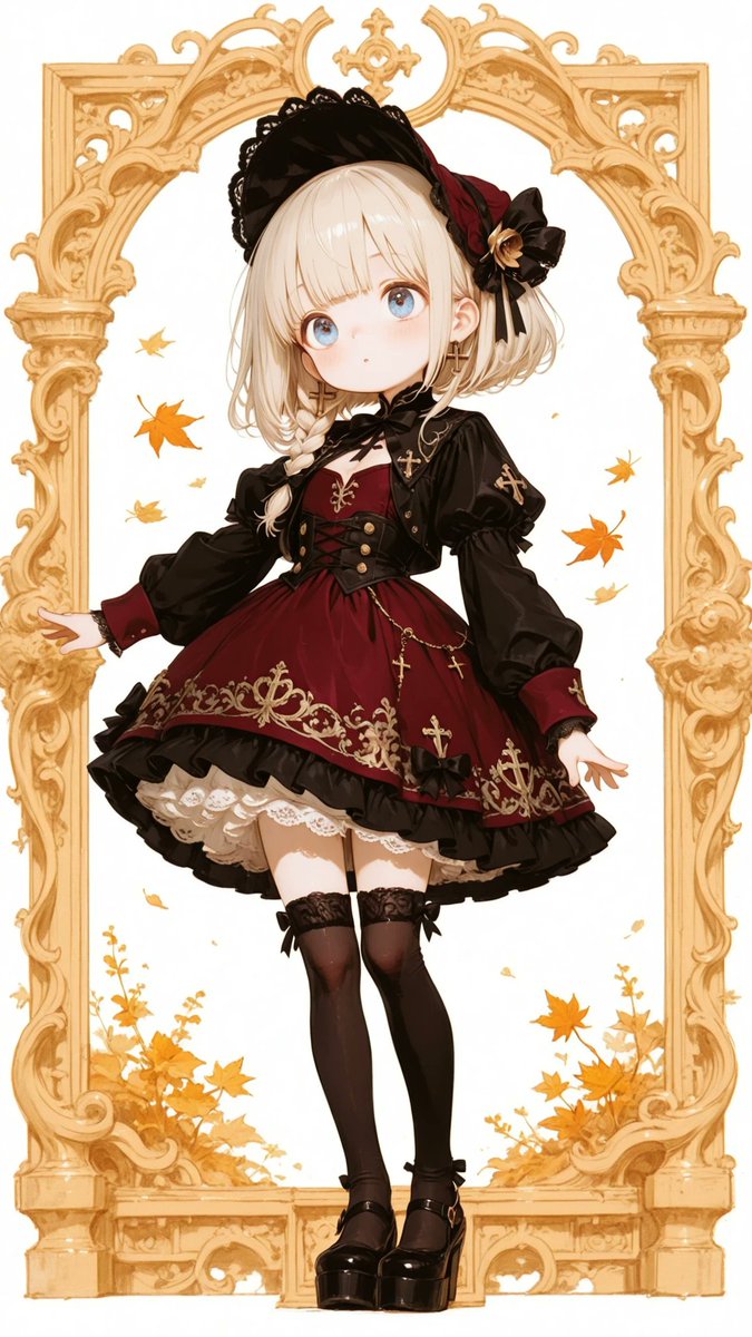 AliceLavli's tweet photo. 秋の深いボルドー色のゴシックロリータの衣装プロンプトをどうぞ✨
outfit only, strict garment structure, strict monochromatic color placement, entire outfit in one unified deep burgundy color, autumn gothic Lolita outfit, opaque deep-burgundy velvet knee-length dress, fitted bodice with a high deep-burgundy floral-lace stand collar, deep-burgundy lace yoke covering the upper chest, one small antique-gold oval cameo centered at the throat, long deep-burgundy bishop sleeves with full gathered volume, fitted deep-burgundy velvet wrist cuffs edged with deep-burgundy lace, square neckline bordered with scalloped deep-burgundy lace, three small deep-burgundy velvet bows arranged vertically down the center bodice, sharply defined natural waist, wide deep-burgundy velvet waistband with one antique-gold oval buckle centered at the front, extremely full bell-shaped deep-burgundy skirt ending at the knees, two horizontal deep-burgundy floral-lace bands positioned near the lower skirt, one wide gathered deep-burgundy ruffle above the hem, deep-burgundy scalloped lace extending evenly beneath the complete hem, structured opaque deep-burgundy petticoat creating a rounded bell silhouette, matching deep-burgundy rectangular headdress edged with deep-burgundy lace and tied with deep-burgundy ribbons, opaque deep-burgundy over-knee socks, deep-burgundy velvet ribbon bows at the outer tops, deep-burgundy rounded-toe platform Mary Jane shoes with antique-gold buckles, fair porcelain skin with a cool pale undertone