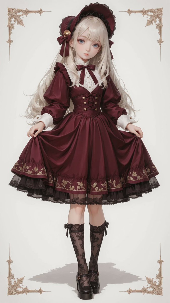 AliceLavli's tweet photo. 秋の深いボルドー色のゴシックロリータの衣装プロンプトをどうぞ✨
outfit only, strict garment structure, strict monochromatic color placement, entire outfit in one unified deep burgundy color, autumn gothic Lolita outfit, opaque deep-burgundy velvet knee-length dress, fitted bodice with a high deep-burgundy floral-lace stand collar, deep-burgundy lace yoke covering the upper chest, one small antique-gold oval cameo centered at the throat, long deep-burgundy bishop sleeves with full gathered volume, fitted deep-burgundy velvet wrist cuffs edged with deep-burgundy lace, square neckline bordered with scalloped deep-burgundy lace, three small deep-burgundy velvet bows arranged vertically down the center bodice, sharply defined natural waist, wide deep-burgundy velvet waistband with one antique-gold oval buckle centered at the front, extremely full bell-shaped deep-burgundy skirt ending at the knees, two horizontal deep-burgundy floral-lace bands positioned near the lower skirt, one wide gathered deep-burgundy ruffle above the hem, deep-burgundy scalloped lace extending evenly beneath the complete hem, structured opaque deep-burgundy petticoat creating a rounded bell silhouette, matching deep-burgundy rectangular headdress edged with deep-burgundy lace and tied with deep-burgundy ribbons, opaque deep-burgundy over-knee socks, deep-burgundy velvet ribbon bows at the outer tops, deep-burgundy rounded-toe platform Mary Jane shoes with antique-gold buckles, fair porcelain skin with a cool pale undertone