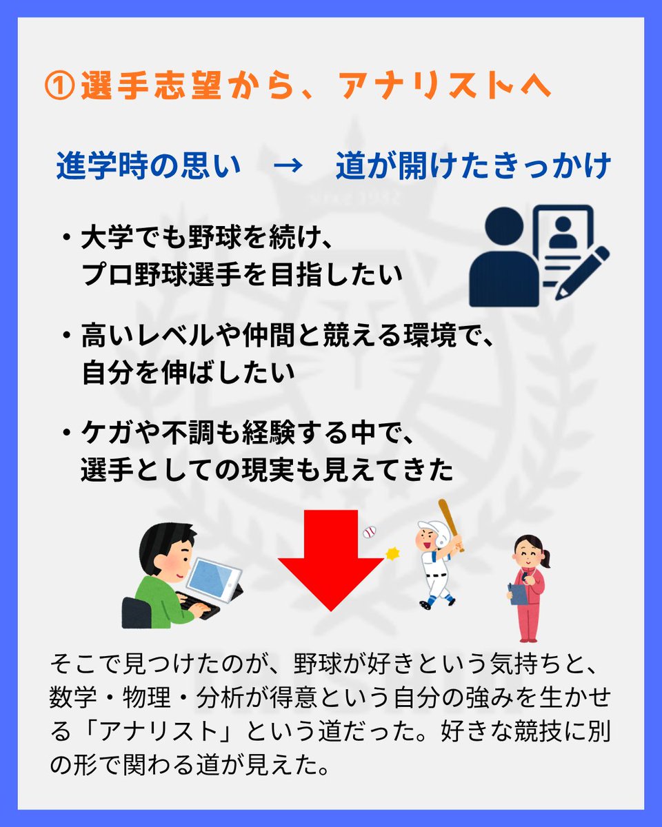 taishin55's tweet photo. 【夢が変わっても、スポーツに関わる道は広がっている⚾️✨】

スポーツの仕事は「選手」だけではありません！
コーチ・トレーナー・アナリスト・研究者・運営など、たくさんの道が💡
夢が変わっても大丈夫。
「好き」「得意」を掛け合わせれば、自分に合ったスポーツとの関わり方が見つかるかも👀 https://t.co/FutS3TsEKk