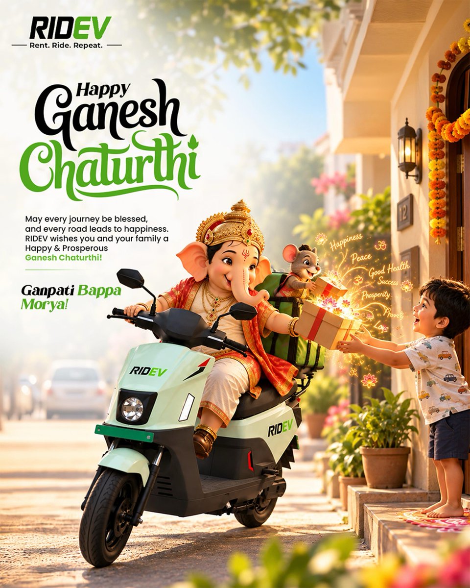 RIDEVOfficial's tweet photo. Happy Ganesh Chaturthi

May every journey be blessed and every road leads to happiness.

RIDEV wishes you and your family a happy &amp; Prosperous Ganesh Chaturthi!

Ganpati Bappa Morya!
#ganpatibappamorya #HappyGaneshChaturthi https://t.co/hhvTxkdc8K