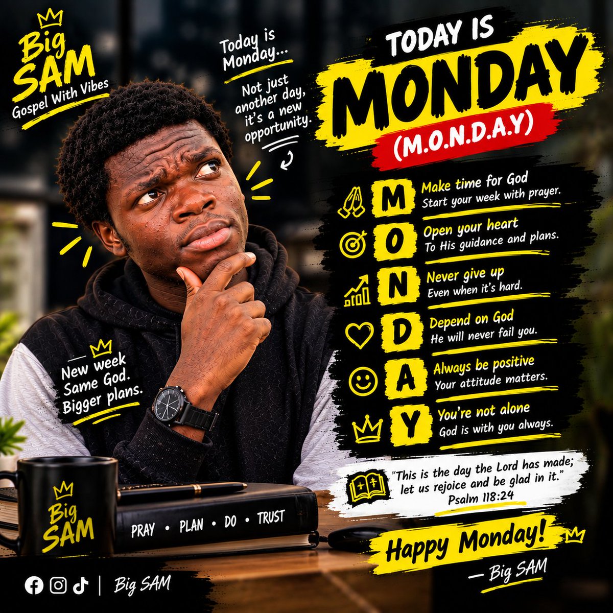 OduBaba5's tweet photo. New week, new grace, same faithful God. 🙏🏾❤️🔥
Whatever this week brings, put God first and trust Him with the rest.
Happy Monday! ✝️👑
#BigSAM #GospelWithVibes #HappyMonday #GodFirst #NewWeek #JesusChrist https://t.co/MprPdYWnfe