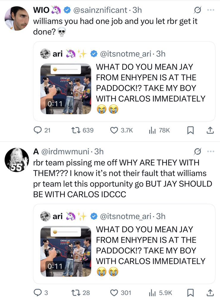 Enhagyy's tweet photo. Mind you, all of F1 twt knows Jay built his F1 connection organically. He spent months talking about his genuine passion, buying F1 merch, and shouting out to Verstappen, Sainz, and other drivers on tour. But sure, let’s discredit his effort and credit fcka$$ belift instead. https://t.co/8suTn1QhXW
