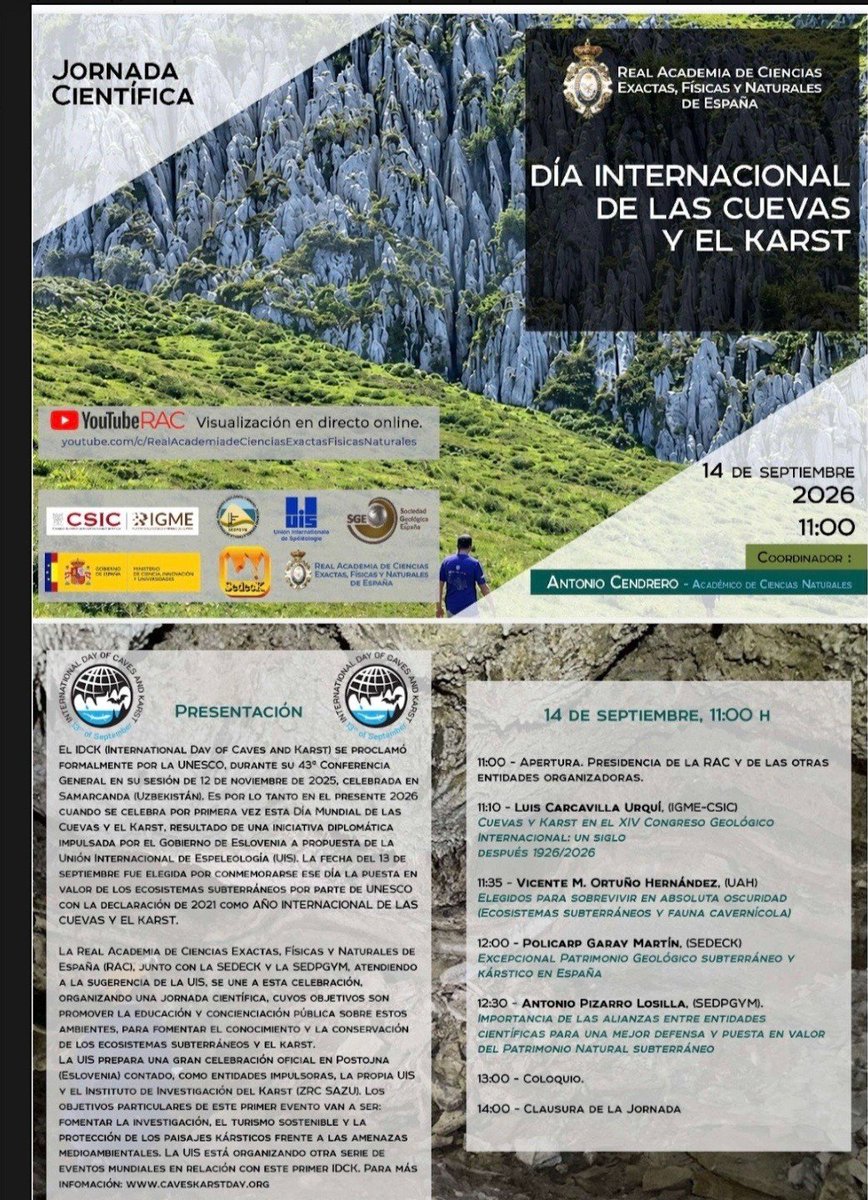 IGME1849's tweet photo. 🕳️🌍 Hoy celebramos el #DíaInternacionalDeLasCuevasYElKarst.
El #IGMECSIC participa en la jornada organizada por la #SEDEK en la @RACiencias con la conferencia inaugural de Luis Carcavilla: https://t.co/QFwzXm9oNR