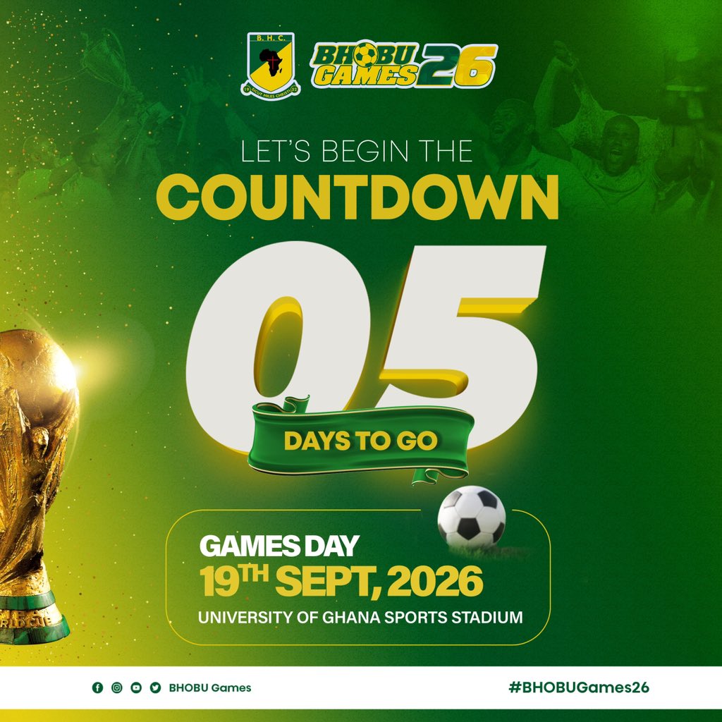 bhobu_official's tweet photo. 🔥 5 DAYS TO GO! 🔥

The countdown is getting hotter! ⏳🏆

Just 5 days until the biggest alumni games in Ghana! The teams are ready, the excitement is building, and the BHOBU spirit is taking over! 💚💛

📅 19th September 2026
📍 University of Ghana Sports Stadium

#BHOBUGames26 https://t.co/yV0VUgCHgB