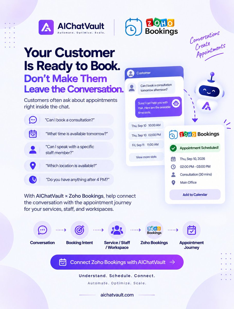 aichatvault's tweet photo. A booking often starts with a conversation.

AIChatVault helps understand what the customer wants, while Zoho Bookings connects that intent to the scheduling journey.

Less back-and-forth. A smoother path from conversation to appointment.

#AIChatVault #ZohoBookings https://t.co/v6iUUvbXf0