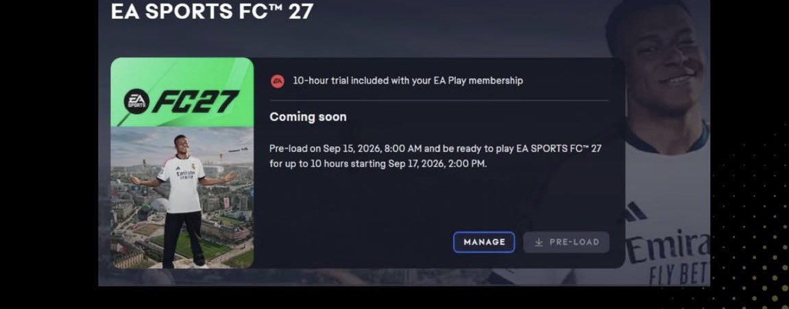 fadribu's tweet photo. EA Play was supposed to play FC27 10 hours early on Sept 17 at 2PM CET. Now EA says it “doesn’t work” — after thousands of us paid for early access. This isn’t a bug, this is false advertising. We deserve a proper answer and compensation. @EASPORTSFC @EASFCDirect #EAFC27 #EAPlay https://t.co/tkBG6UN6O8