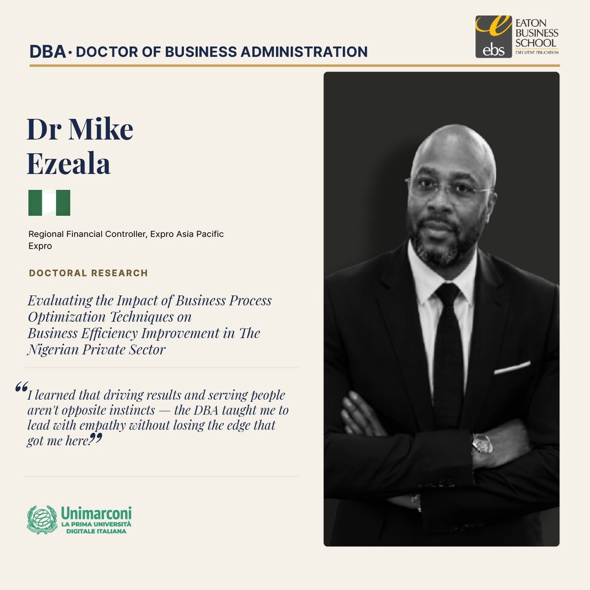 EatonBizSchool's tweet photo. We are proud to spotlight Dr. Mike Ezeala, Regional Financial Controller at Expro Asia Pacific, on earning his Doctor of Business Administration from Guglielmo Marconi University, Italy.

Website: https://t.co/CC90EvEk1f

#EatonBusinessSchool #Doctorate #DBA #EBSAlumni https://t.co/sMPWjwDQoO