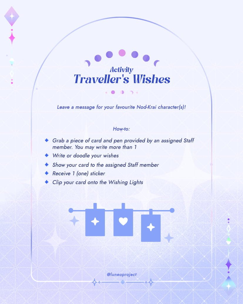 luneoproject's tweet photo. Fun times await at Memoirs of the Moon Event! ๐
โจ๏ธ Traveller's Wishes โจ๏ธ
Leave a message for your favourite Nod-Krai character(s)!
.
.
.
.
.
#fanevent #faneventmy #genshinimpact #nodkrai #luneoproject https://t.co/HBKlGeEaky