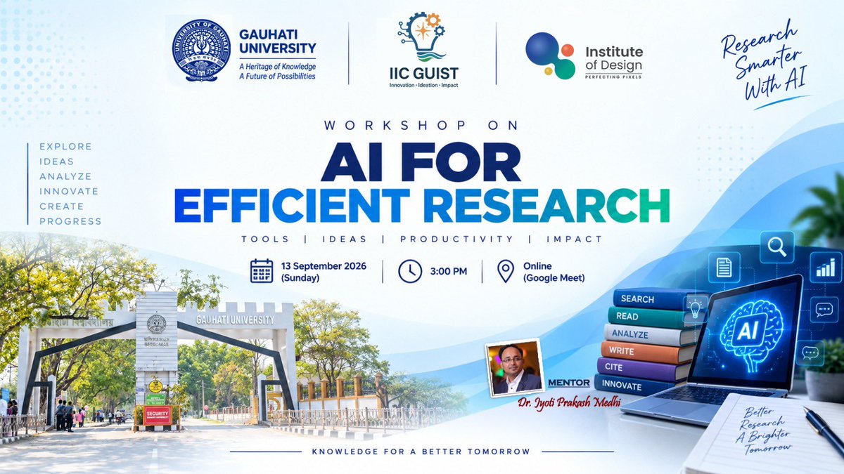 GauhatiUniv's tweet photo. Gauhati University, through its Institution’s Innovation Council (IIC), in association with the Institute of Design, organised an online workshop on ‘AI for Efficient Research’ on September 13, 2026.

With 183 participants from 33 institutes, the workshop explored how AI can make research more efficient, from literature search and identifying research gaps to academic writing and citations.

The University remains committed to promoting the responsible use of AI in teaching, learning and research.

@ngmahanta 
@jpmedhi

#AI
#GauhatiUniversity