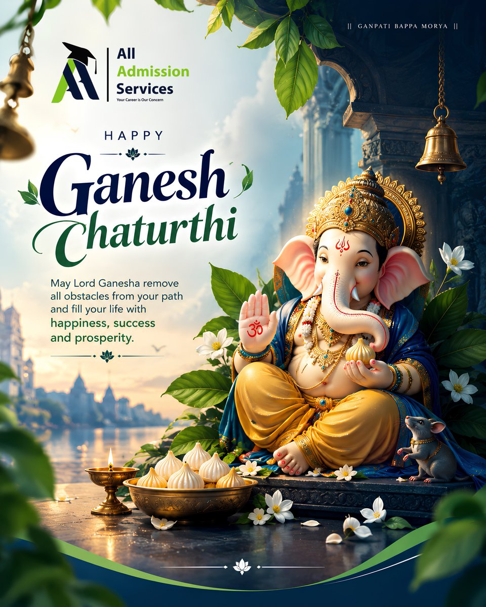 AdmissionAll's tweet photo. May Bappa bless every new beginning with wisdom, positivity &amp; success. 🙏
✨All Admission Services wishes you and your family a joyful and blessed Ganesh Chaturthi! 🌺🪔Ganpati Bappa Morya! 

🙏🐘#GaneshChaturthi #GanpatiBappaMorya #AllAdmissionServices https://t.co/tixXLpXjCW