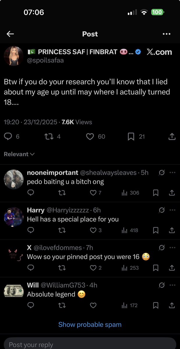 Safaazafaa's tweet photo. @pakibarbi3 She ain’t no domme💀she’s a prostitute who sniffs too much coke her nose bends to the side, she also sends images of children to pedos, lied about her age and brags about the fact rapey pedophiles got off to it. Think she makes £ but sells content not findom. Catfish !! https://t.co/gmUQAt8hGf