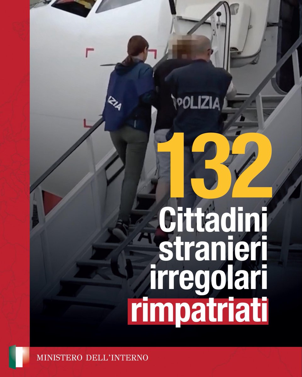 Piantedosim's tweet photo. Non si ferma l’impegno sul fronte dei rimpatri. Altri 132 cittadini stranieri, irregolari in Italia, sono stati ricondotti nei loro Paesi di origine la scorsa settimana. https://t.co/66rqSjwZrp