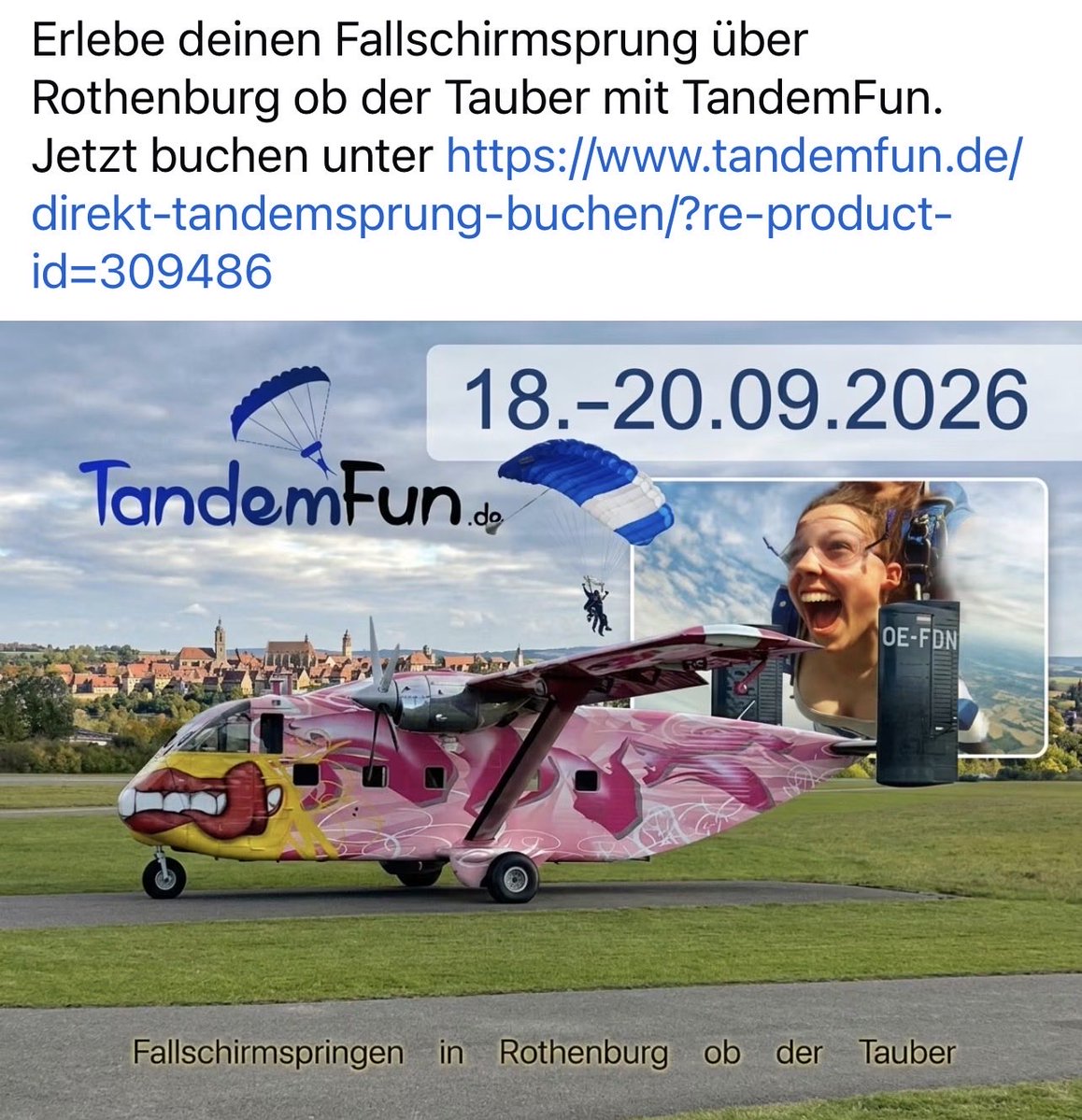 Skydiver999's tweet photo. Erlebe deinen Fallschirmsprung über Rothenburg ob der Tauber. Jetzt buchen! #Tandemsprung #Spass #würzburg #Heilbronn #Nürnberg #Ansbach https://t.co/NCjiaprrFw