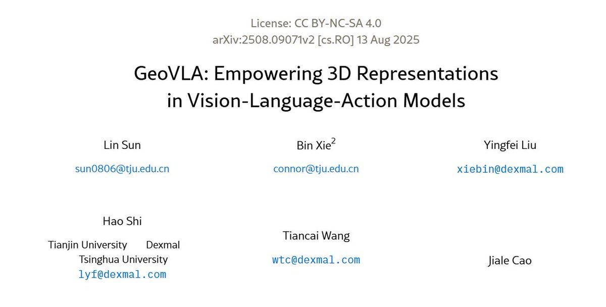 EBlakeAI's tweet photo. 🤖 IROS 2026 ACCEPTED

One of the problems I think VLA models still underestimate: 2D vision is not enough for physical interaction.

GeoVLA tackles this by giving the policy an explicit 3D representation — letting the VLM handle semantics while a point-cloud encoder captures geometry, then fusing both for action generation.

What I find most interesting is the design philosophy: don’t force one representation to solve everything. Let language/vision understand what is happening, and let 3D geometry reason about where and how far.

That feels much closer to how a robot actually needs to perceive the world. 🌎🤖

📄 https://t.co/R3vrvfQi7r

#IROS2026 #Robotics #VLA #EmbodiedAI #RobotLearning