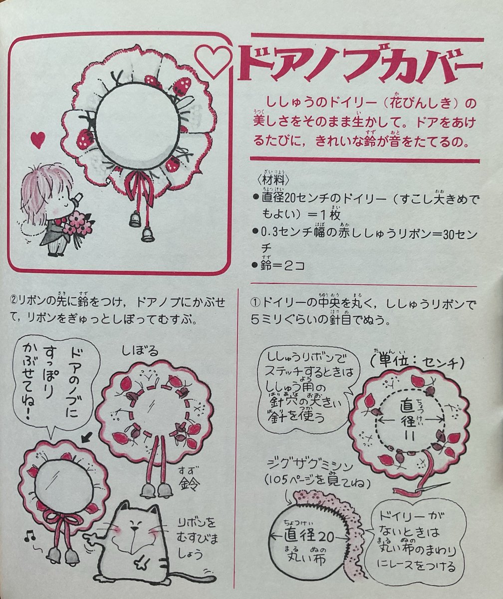zakkaokusama's tweet photo. 昭和57年『かわいい小物手芸』より『ヒ・ミ・ツ・マイルーム』の『ドアノブカバー』と『スペアカラー』を紹介します。
ドアノブカバーは昭和の愛されアイテムでしたが、ドアが回らず、カバーだけクルクルと回っている事もありましたね😅
＃昭和レトロ　＃なかよし　＃手芸 https://t.co/kfKUCzWSXs