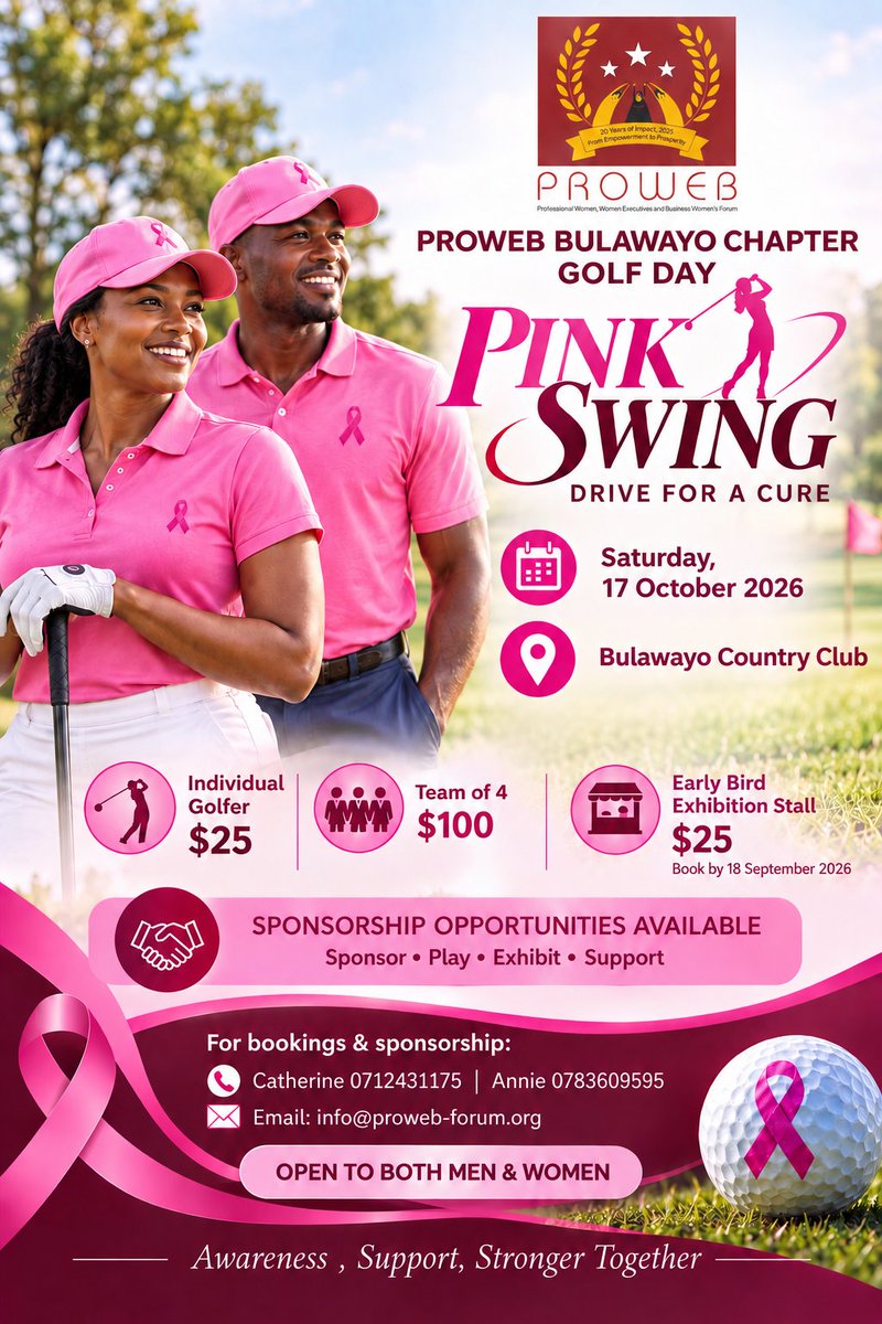 PROWEB2005's tweet photo. Swing for a Cause. Drive for Hope. 🏌🏽‍♀️🏌🏽🎀

Join us for the PROWEB Bulawayo Chapter Golf Day, “Pink Swing – Drive for a Cure”, on Saturday, 17 October 2026, at Bulawayo Country Club.

🔗 Register here: https://t.co/ujGkmF2LrZ https://t.co/qDr7TYHwjq