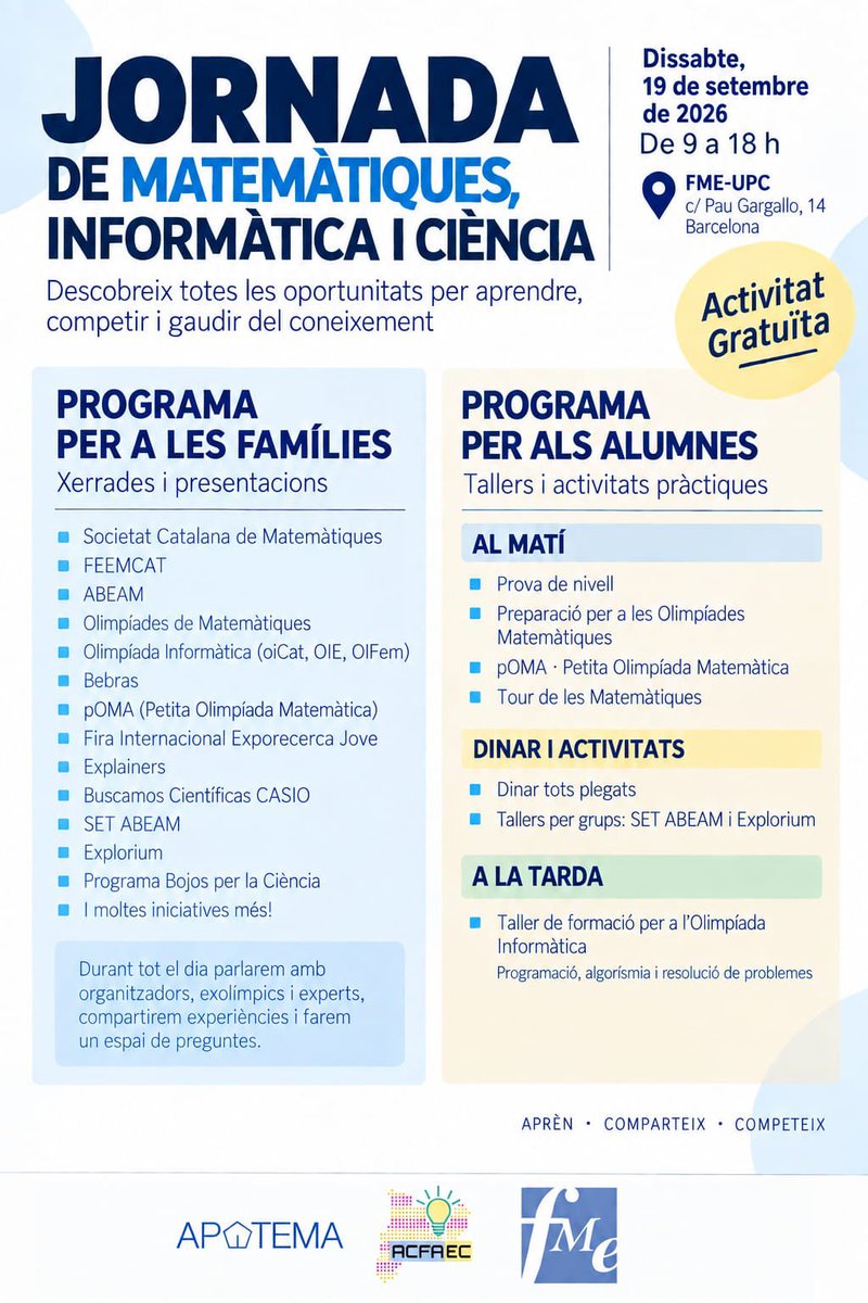 acfaec_cat's tweet photo. 📆 19/09/2026
⏰ 9.00 a 18.00 h
📍 FME-UPC c/Pau Gargallo 14, Barcelona
🎟️ Gratuït

👉 Encara no t’hi has inscrit? 
https://t.co/DaTRrko83G https://t.co/6oZjK4AEhj