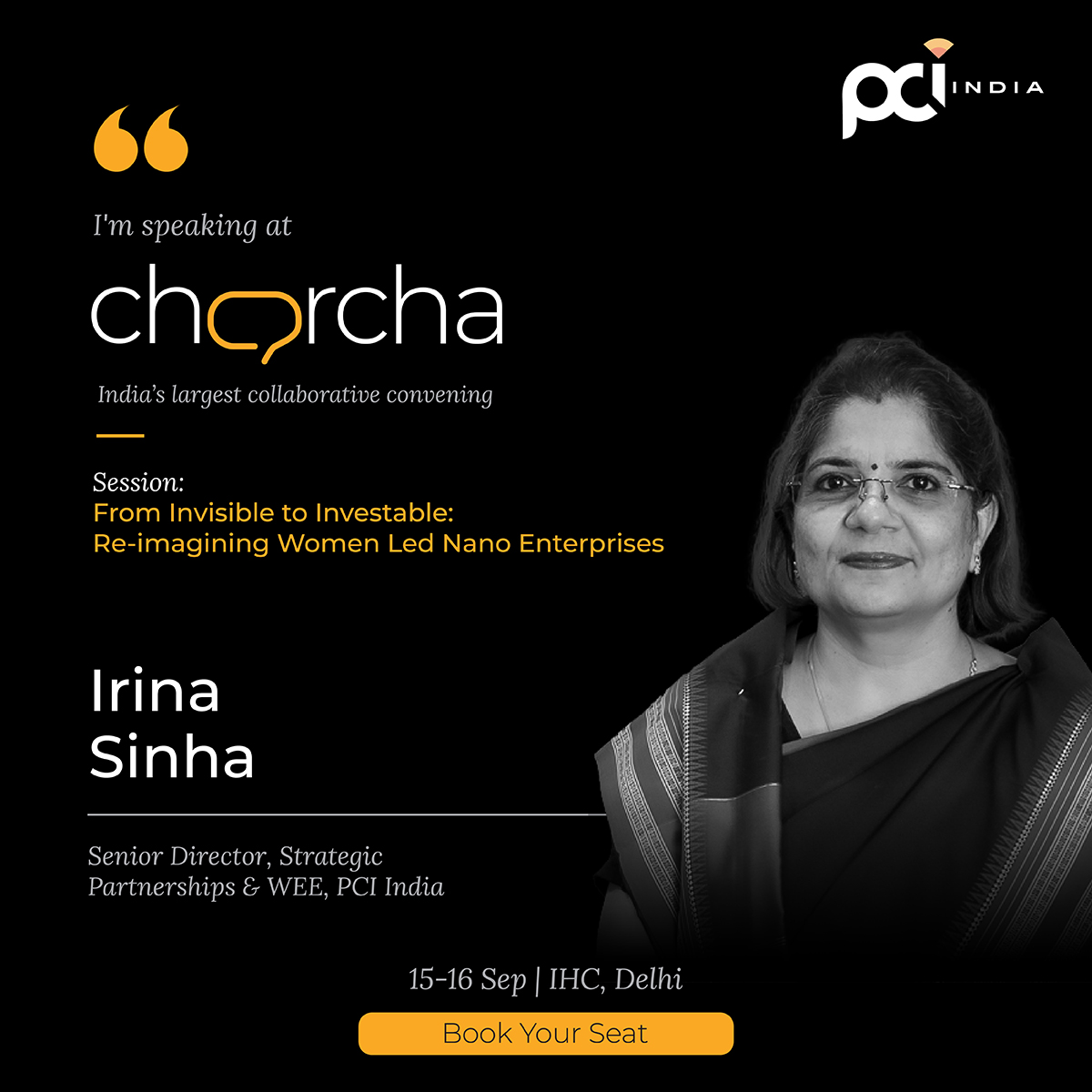PCI_India_'s tweet photo. Irina Sinha, Senior Director, Strategic Partnerships &amp; #WEE at #PCIIndia, is moderating the session "From Invisible to Investable: Re-imagining Women Led Nano Enterprises" at #Charcha2026 tomorrow. 

Know more: https://t.co/iw1vNvpfH4

#Sustainability #ClimateAction #Livelihoods https://t.co/xwriQLg3HZ