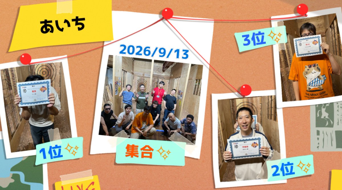 jp_axethrowing's tweet photo. 📢大会速報📢
Japan Axe Throwing League

🔻東京
優勝：斧投げお兄さん
準優勝：なかじまさん
第3位：斧神 さん

🔻大阪
優勝：まいまいさん
準優勝：wolfさん
第3位：斧投げ大好きさん

🔻愛知
優勝：ていくさん
準優勝：ぽきろいさん
第3位：hukayamiさん

#JAAT #斧投げ #AxeThorowing #斧投げ大学 https://t.co/zrw8T5DYjd