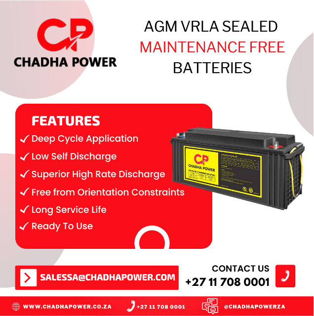 ChadhaPowerSA's tweet photo. Chadha Power is a trusted supplier of AGM VRLA Sealed Maintenance Free batteries. We guarantee quality and longevity with our range, so invest in an energy solution that won't let you down.

To learn more and get in touch, contact us today:
Tel: +27 11 708 0001

#BackupPower https://t.co/ISiByQCC7k