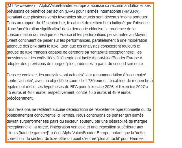 DR__Bourse's tweet photo. AlphaValue/Baader Europe abaisse sa recommandation et ses prévisions pour HERMES👜 face à des moteurs de croissance 'moins porteurs  

par notre partenaire @Zonebourse https://t.co/akTMeW6FF2