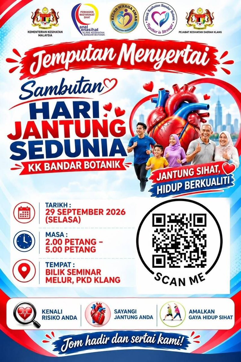 klangpkd's tweet photo. 📢 JEMPUTAN MENYERTAI SAMBUTAN HARI JANTUNG SEDUNIA 2026

📅 29 September 2026 (Selasa)
🕑 2.00 petang – 5.00 petang
📍 Bilik Seminar Melur, PKD Klang

📲 Klik pautan di bawah untuk mendaftar:
https://t.co/V1dS9LWAzK

❤️ Jantung Sihat, Hidup Berkualiti https://t.co/PwK9tbVYcY