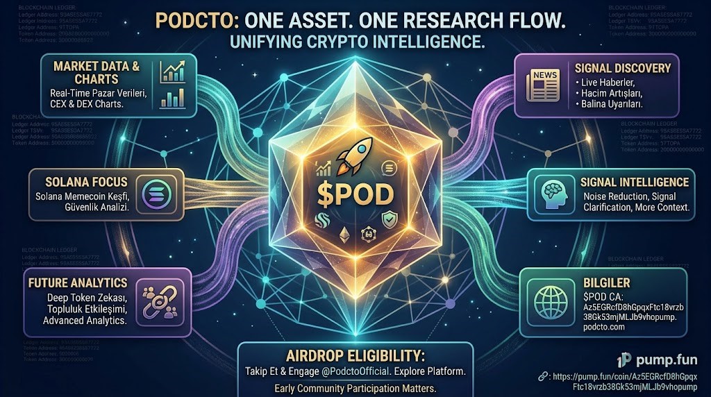 PodctoOfficial's tweet photo. $POD is part of a bigger idea: crypto research shouldn't require jumping between ten different platforms just to understand one token.

PODCTO brings market data, CEX & DEX Charts, live News, Volume Surges, Whale Alerts, Solana memecoin discovery and safety analysis into one connected experience. 🔎 The objective isn't to create more noise, but to make the signals around an asset easier to discover and understand.

And this is only the foundation. PODCTO is building toward a deeper layer of token intelligence, on-chain activity, community interaction and advanced analytics. One asset. One research flow. More context behind every decision.

Airdrop Eligibility: Follow & engage with @PodctoOfficial and visit POD to explore the platform. Early community participation matters.

🌐 Website: https://t.co/xQuqHKT2By

🔗 https://t.co/1TZRNbMxMO

$POD | CA: Az5EGRcfD8hGpqxFtc18vrzb38Gk53mjMLJb9vhopump