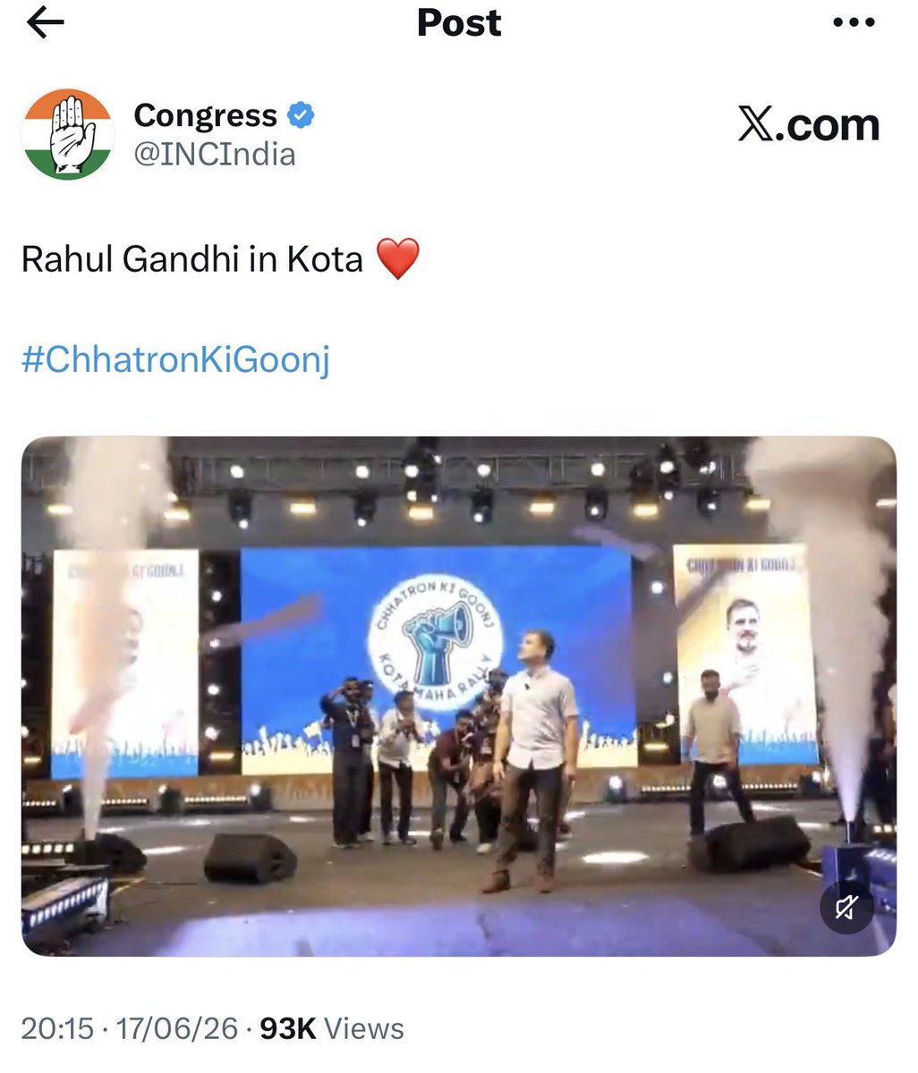 AnkurSingh's tweet photo. Rahul Gandhi started 'Chhatron Ki Goonj' from Kota

Kota Nagar Nigam Results:

▪️BJP - 53
▪️INC - 38
▪️Other - 5

Huge Rahul Gandhi Wave 🔥 https://t.co/YspE1aLx49