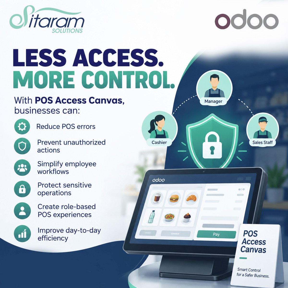 SitaramSolution's tweet photo. Give each employee only the POS access they need. Hide or lock refunds, discounts, cashbox, backend and other sensitive actions in Odoo POS.
https://t.co/wNzIzzrUFv
#SitaramSolutions #Odoo #ERP #OdooPartner #OdooServices #OdooPOS #POSManagement #AccessControl #POSSecurity https://t.co/JHQWFuXZp8