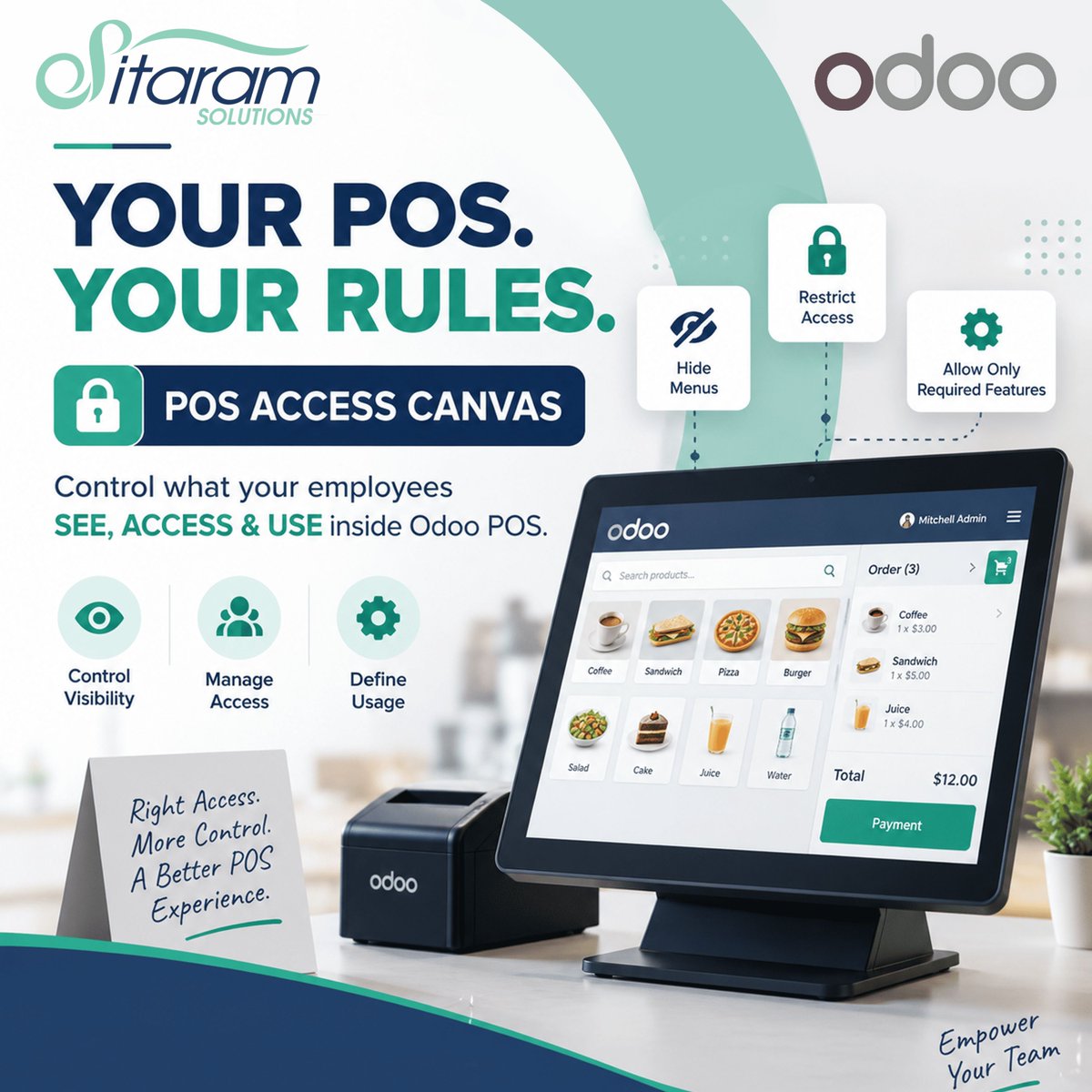 SitaramSolution's tweet photo. Give each employee only the POS access they need. Hide or lock refunds, discounts, cashbox, backend and other sensitive actions in Odoo POS.
https://t.co/wNzIzzrUFv
#SitaramSolutions #Odoo #ERP #OdooPartner #OdooServices #OdooPOS #POSManagement #AccessControl #POSSecurity https://t.co/JHQWFuXZp8