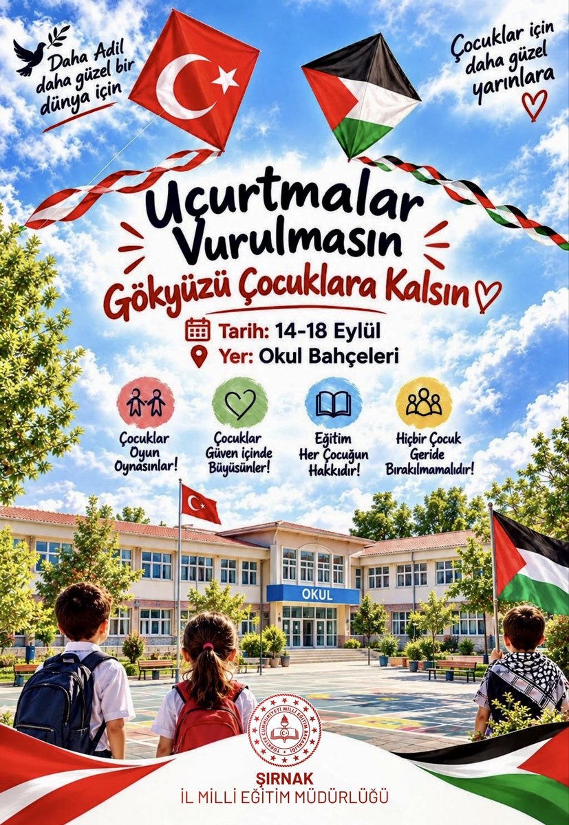 idilram's tweet photo. 🪁 Uçurtmalar Gazzeli Çocuklar İçin Gökyüzüne Umutla Yükselecek!

14-18 Eylül tarihleri arasında düzenlenecek etkinliklerde öğrencilerimiz, savaşlardan uzak, güvenli ve huzurlu bir dünya dileğiyle uçurtmalarını gökyüzüne bırakacak.

Barış , umut ve özgürlük dileğiyle…🕊️ https://t.co/mYczkrAPJ5