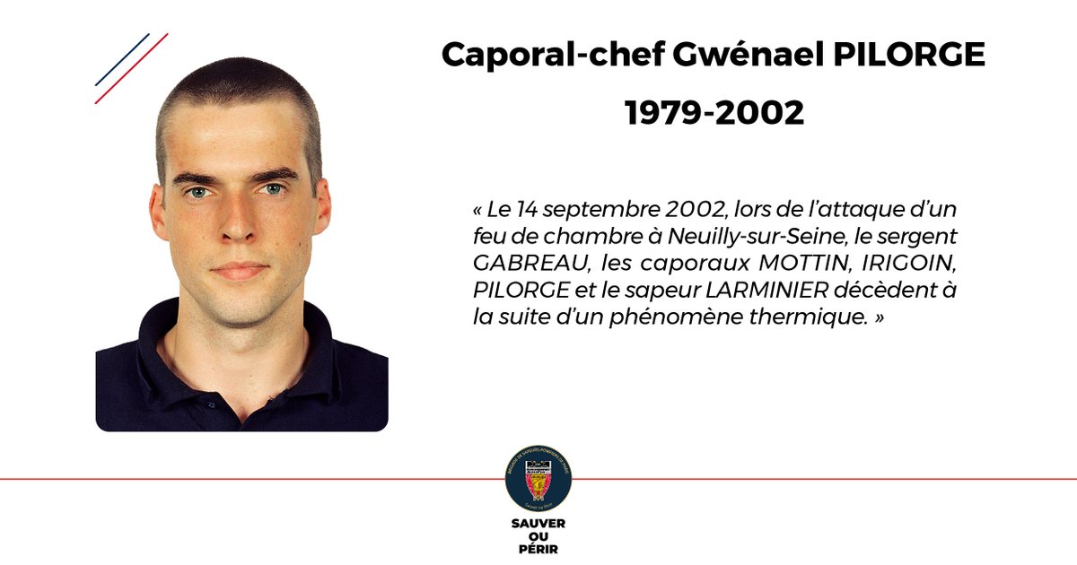 PompiersParis's tweet photo. [#Hommage] | La BSPP n’oublie pas.

Il y a 24 ans, le SCH GABREAU, le CCH IRIGOIN, le CCH MOTTIN, le CCH PILORGE et le CPL LARMINIER trouvaient la mort suite à un phénomène thermique à Neuilly-sur-Seine (92).

Tous les lundis matin, ils sont cités lors de l’appel des morts au feu.