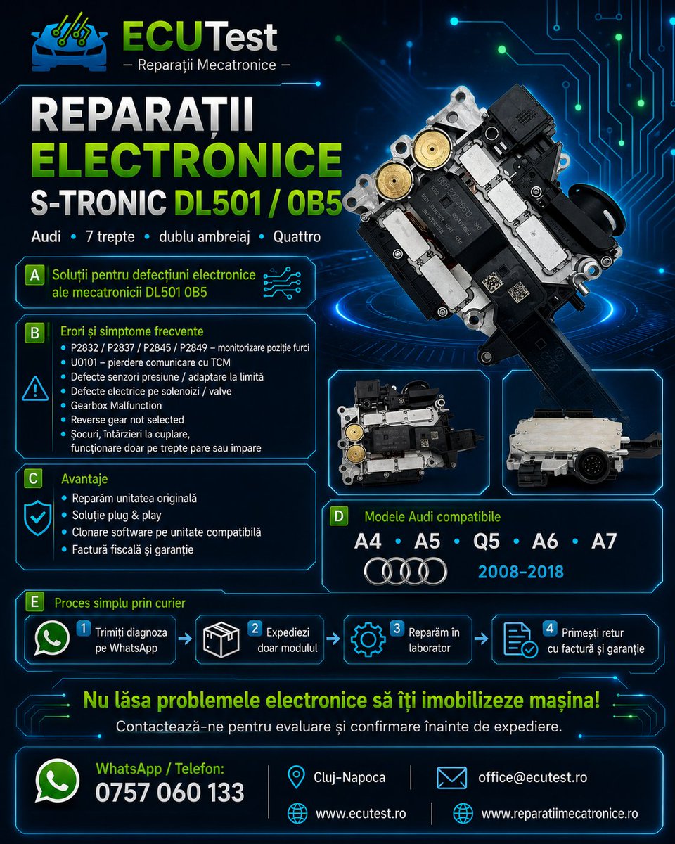 rep_mecatronice's tweet photo. 🔧 Audi S-Tronic DL501 / 0B5

 Probleme electronice ale mecatronicii? 

La ECUTest diagnosticăm și reparăm modulele DL501 la nivel de componentă.

 🧪 Testare • Reparație • Verificare

 #DL501 #0B5 #STronic #Audi https://t.co/ifqV4quYEf