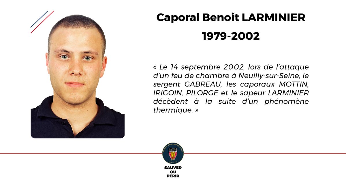 PompiersParis's tweet photo. [#Hommage] | La BSPP n’oublie pas.

Il y a 24 ans, le SCH GABREAU, le CCH IRIGOIN, le CCH MOTTIN, le CCH PILORGE et le CPL LARMINIER trouvaient la mort suite à un phénomène thermique à Neuilly-sur-Seine (92).

Tous les lundis matin, ils sont cités lors de l’appel des morts au feu.