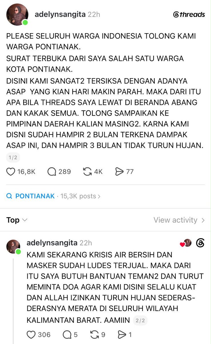LambeSahamjja's tweet photo. curhatan dari warga pontianak:
- dia nulis surat terbuka minta tolong ke seluruh warga indonesia
- katanya warga pontianak tersiksa banget sama asap yang makin parah
- udah hampir 2 bulan kena dampak asap dan hampir 3 bulan gak turun hujan
- dia minta yang lihat postingannya tolong sampaikan ke pimpinan daerah masing masing
- sekarang mereka krisis air bersih dan masker udah ludes terjual
- dia minta bantuan dan doa biar warga sana kuat dan turun hujan deras merata di seluruh kalimantan barat