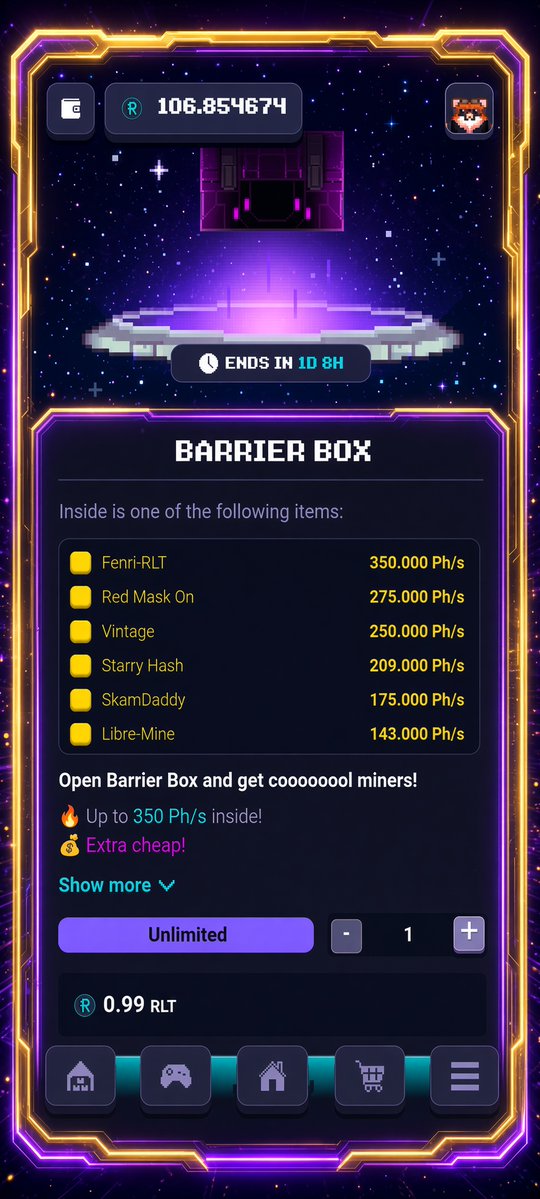 easymoneyfast2's tweet photo. 🎁 BARRIER BOX no @rollercoin_com  
Até 350 Ph/s por só 0.99 RLT
🔥 Extra barato e ilimitado!

🎉Drop chances:

Legendary - 6%
Epic - 20%
Rare - 25%
Uncommon - 25%
Common - 24%

Recompensas organizadas por cor/raridade:

🟡 Amarelo (top)  
Fenri-RLT — 350 Ph/s  
Red Mask On — 275 Ph/s  
Vintage — 250 Ph/s  
Starry Hash — 209 Ph/s  
SkamDaddy — 175 Ph/s  
Libre-Mine — 143 Ph/s  
Crown Ballot — 100 Ph/s  
Winter Herald — 72 Ph/s

🩷 Rosa  
Stolen Bitcoin — 50 Ph/s  
Vintage — 50 Ph/s  
HackStation — 45.3 Ph/s  
Boot Loot — 45.3 Ph/s  
Serpent Circuit — 35 Ph/s  
Ka-Boom — 35 Ph/s  
GoGo Glove — 35 Ph/s  
Forbidden Frame — 35 Ph/s

🩵 Ciano  
Vintage — 18 Ph/s  
HamsterPass — 17.93 Ph/s  
Polar Lumina — 17.25 Ph/s  
Uncle's Dungeon — 17.25 Ph/s  
HackStation — 17.25 Ph/s  
Boot Loot — 17.25 Ph/s  
Throve of Yggdrasil — 17.25 Ph/s  
Signal Bean — 17.25 Ph/s

🟢 Verde  
Deep Galaxy / Golden Mirage / Clicker Core / Party Unpacking — 9 Ph/s  
Jackdaw's Remaster — 7 Ph/s  
Common Hashboard / Wire / Fan — x125

⚪ Branco (comum)  
El Detonador / Virgo / Libre-Mine / Tic-Tac-Boom / Rollin' Rosy — 3 Ph/s  
Common Hashboard / Wire / Fan — x40

Vai de box? 🚀 

#RollerCoin #BarrierBox #RLT #money #cryptogame