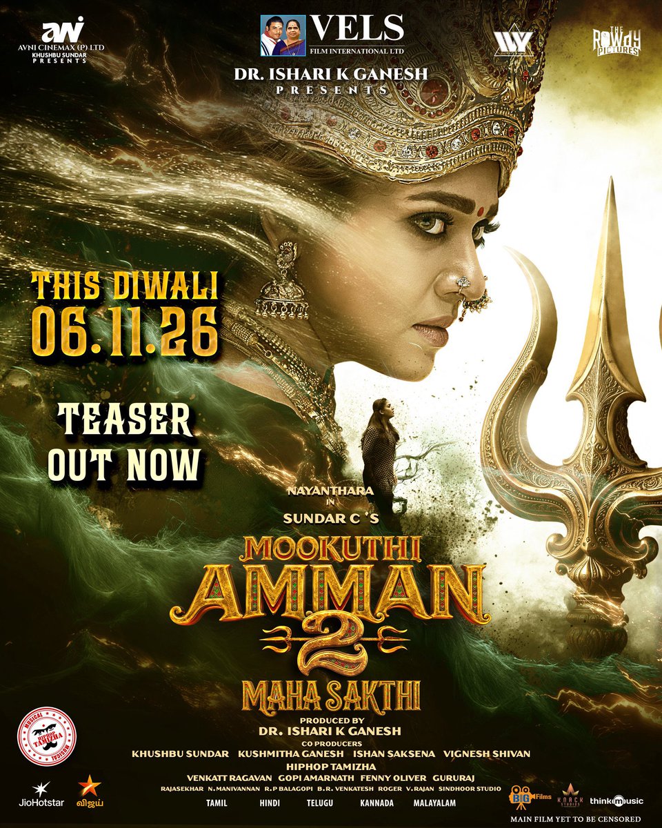 NayantharaU's tweet photo. Presenting the #RiseOfMahasakthi (Teaser) in Tamil, Telugu, Hindi, Kannada & Malayalam 
Releasing on Nov 6th, 2026

Tamil - https://t.co/vVyz6QkhBj
Telugu - https://t.co/9by0WaR6uA
Hindi - https://t.co/VZW3jtR0EO
Kannada - https://t.co/ZOmclneUIT
Malayalam - https://t.co/xOg3eqbj7g

#MookuthiAmman2FromNov6
#MahasakthiFromNov6