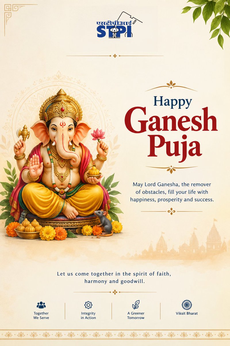 stpibbsr's tweet photo. 🙏🏼 श्री गणेशाय नमः | Happy Ganesh Chaturthi 🙏🏼

On this sacred day of Ganesh Chaturthi, STPI Bhubaneswar (@StpiBbsr) extends its heartfelt greetings to all.

May Lord Ganesha bless us with wisdom to make the right choices, strength to overcome challenges, and knowledge to create new opportunities.

May this auspicious festival bring peace, prosperity and happiness to all.

🌸 Wishing everyone a joyous and blessed Ganesh Chaturthi!

#GaneshChaturthi #GaneshPuja #STPIIndia #STPI

@STPIIndia @GoI_MeitY @Arvindtw @Manas_R_Panda