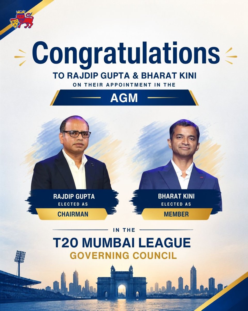 T20Mumbai's tweet photo. Congratulations to Rajdip Gupta on being elected Chairman of the T20 Mumbai League Governing Council, and to Bharat Kini on his election as a member.

We look forward to their leadership in taking the T20 Mumbai League to greater heights.

#MCA #Mumbai #Cricket #T20Mumbai https://t.co/sJ6yFBeNe4