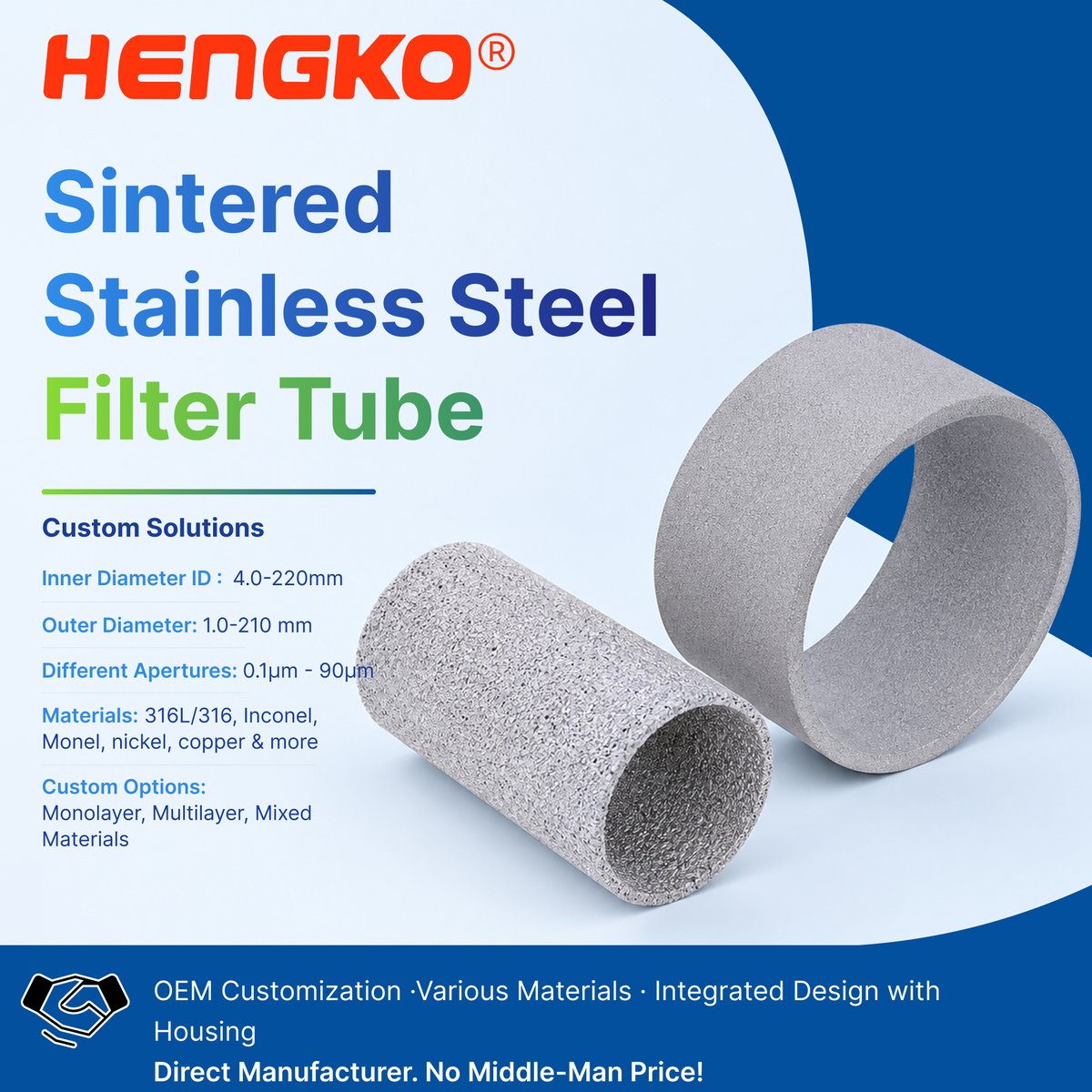 hengko3982's tweet photo. Need a sintered metal filter that actually fits your application?
HENGKO provides customizable tubes — with OEM support directly from the manufacturer.
Built for your process. Made to your requirements.
#SinteredFilter #PorousMetal #IndustrialFiltration #HENGKO https://t.co/Qz5X3iCaSF