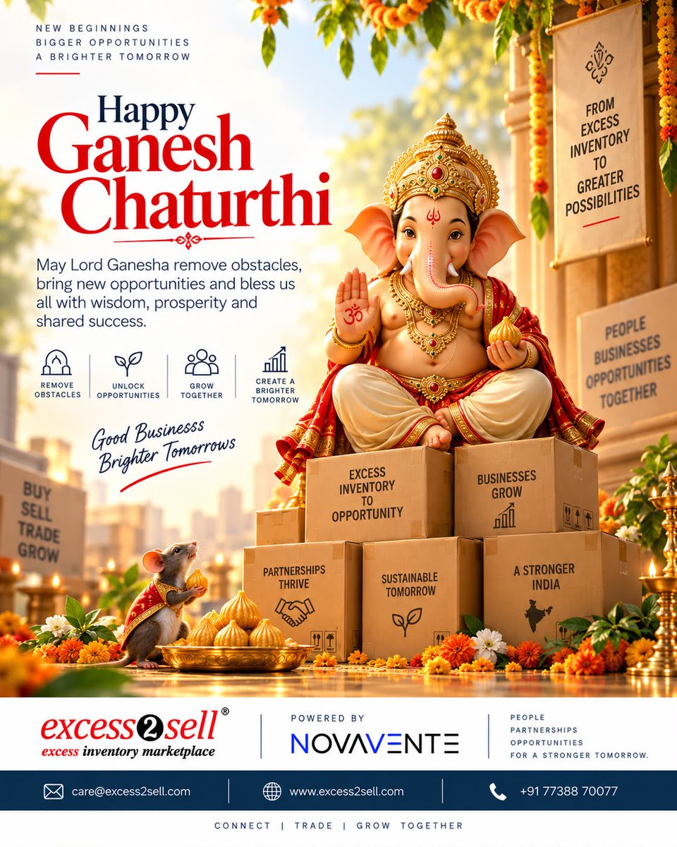 excess2sell's tweet photo. 🙏 Happy Ganesh Chaturthi from Excess2sell!

May Lord Ganesha remove obstacles, unlock opportunities, and bless our partners with prosperity and growth.

From excess inventory to greater possibilities. 🚀

#GaneshChaturthi #Excess2sell #BusinessGrowth https://t.co/yWLRfY9ooV