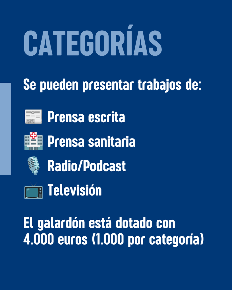 CGEnfermeria's tweet photo. 🚨 ¡Se amplía el plazo! Hasta el 30 de septiembre puedes presentar tu candidatura a la III edición del Premio Enfermería y Periodismo "Isabel Zendal"

🏆 4.000€ en premios repartidos en cuatro categorías: prensa escrita, prensa sanitaria, radio/podcast y televisión. https://t.co/3roRHlve5g