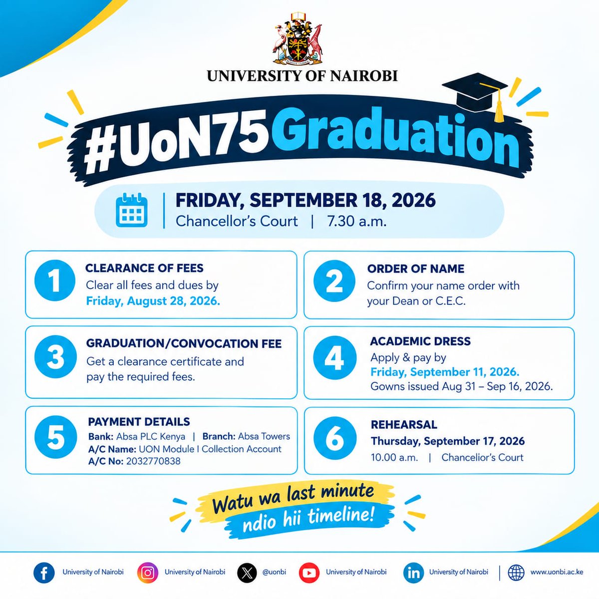 UoNLawFaculty's tweet photo. The #UoN75Graduation is almost here!

Graduands, the countdown is on to Friday, September 18, 2026. If you are graduating, make sure you are ready:

#WeAreUoN #UoNClass2026 https://t.co/7H6ehoSnSK