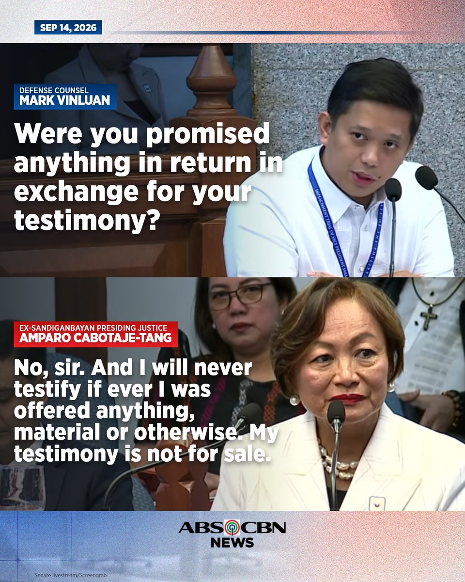ABSCBNNews's tweet photo. 'MY TESTIMONY IS NOT FOR SALE'
 
Iginiit ni dating Sandiganbayan presiding justice Amparo Cabotaje-Tang na walang ipinangako sa kanya kapalit ng testimonya niya sa impeachment trial ni VP Sara Duterte. #VPonTrial https://t.co/0kKgnWytj7