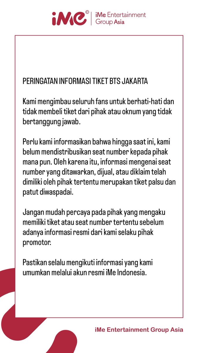 ime_indonesia's tweet photo. Peringatan Informasi Tiket BTS Jakarta https://t.co/bfhMuoTe9x