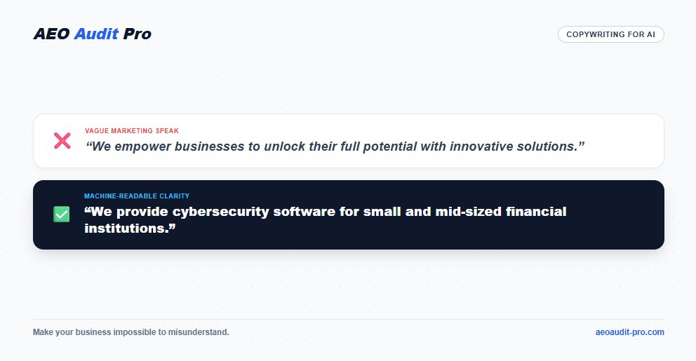 aeoauditpro's tweet photo. Many websites open with marketing language before clearly explaining what the company actually does.

For humans, that might be fine. For AI systems trying to understand and summarize a page, clear and specific language provides much stronger context.

Instead of: “We empower businesses to unlock their full potential with innovative solutions.”

Try: “We provide cybersecurity software for small and mid-sized financial institutions.”

The second version immediately communicates who you serve, what you offer, and who it's for. You don't need to write for robots. You need to make your business impossible to misunderstand.

Write clearly for humans and give machines the context they need to understand you.