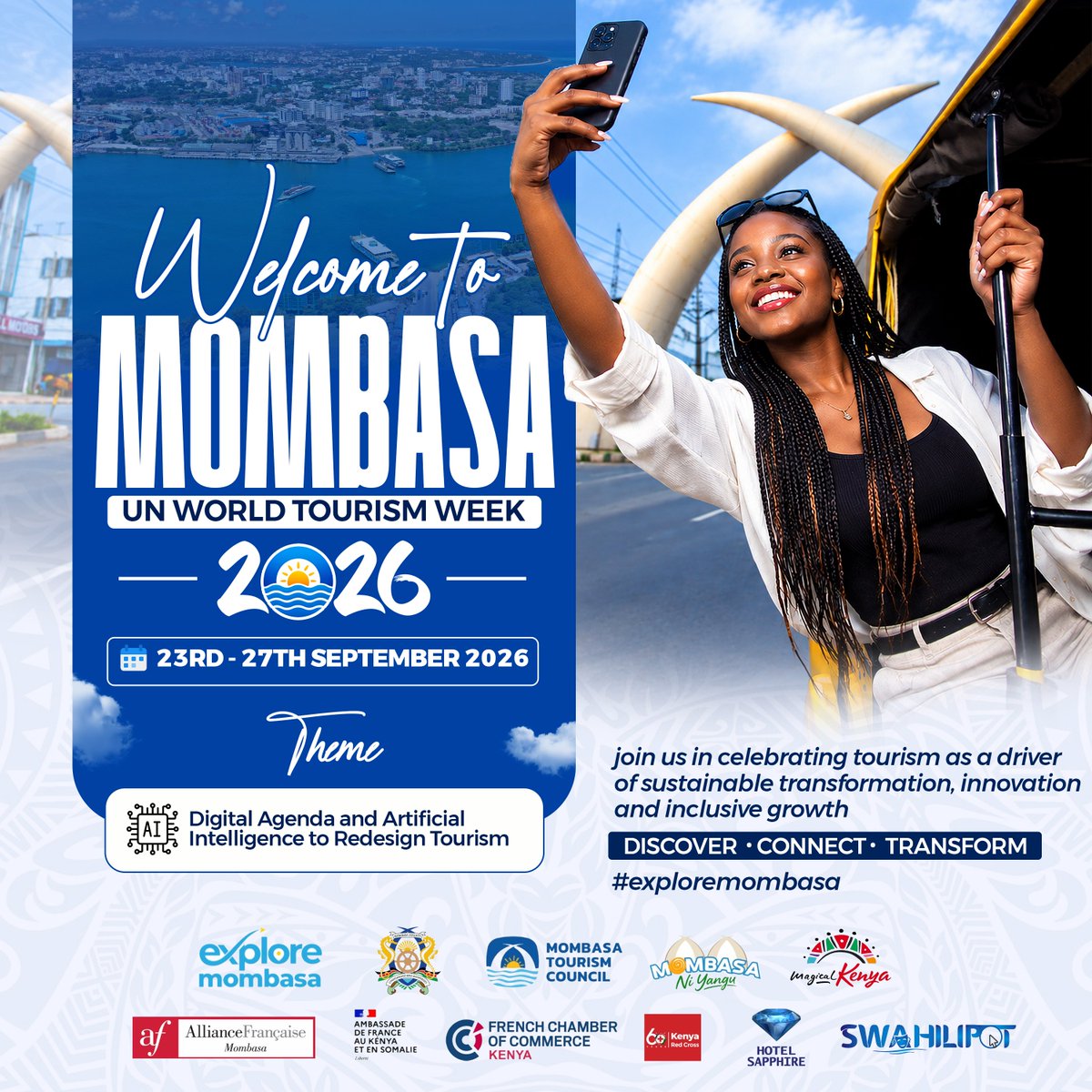 TourismMombasa's tweet photo. The County Government of Mombasa in partnership with tourism stakeholders will be celebrating the World Tourism Day 2026 from September 23rd to September 27th.

In line with this year’s theme, “Digital Agenda and Artificial Intelligence to redesign Tourism. County Government of Mombasa has lined up a week long  mouth watering activities 

Come join us as we commemorate this day.

#karibuniMombasa
#ExploreMombasa 

@magicalkenya @MombasaCountyKe @Min_TourismKE @Kenya_Ports @museumsofkenya @subcounty